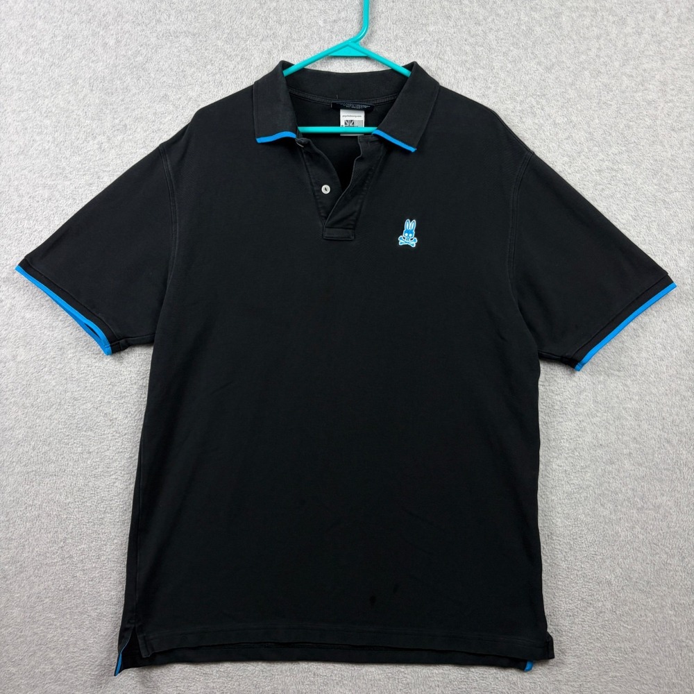 Psycho Bunny Polo Shirt Mens 8 XXL 2XL Black Pique Pima Cotton Mesh Blue Trim